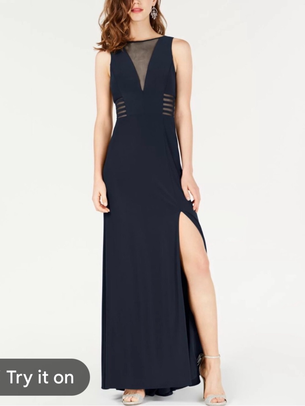 Sleeveless Navy Mesh-Trim Maxi Dress with High Slit